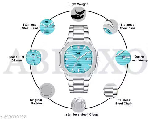ABREXO Abx999-Sky Blue 3D Dial Date Working Silver Stainless Steel Watch