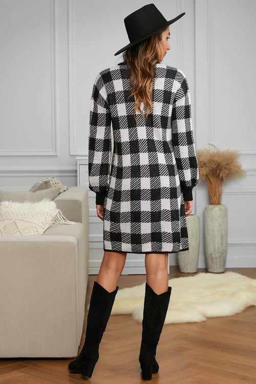 Black Gingham Balloon Sleeve Sweater Dress