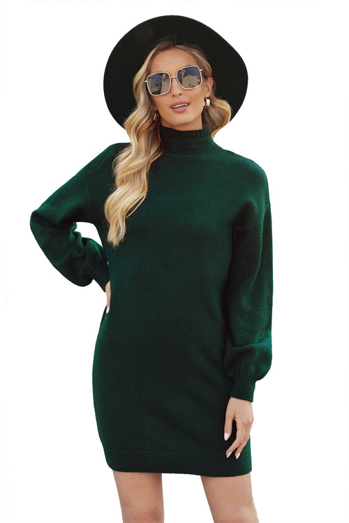 Green Mock Neck Lantern Sleeves Sweater Dress