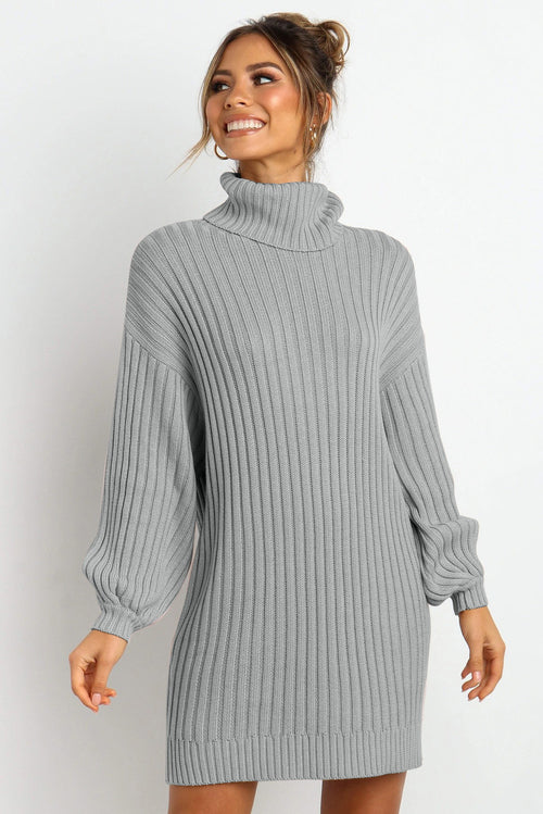 Gray Turtleneck Balloon Sleeve Sweater Dress