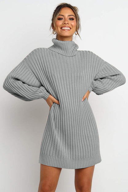 Gray Turtleneck Balloon Sleeve Sweater Dress