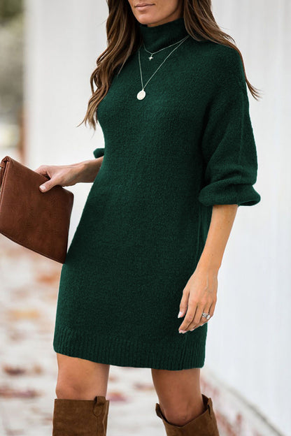 Green Mock Neck Lantern Sleeves Sweater Dress
