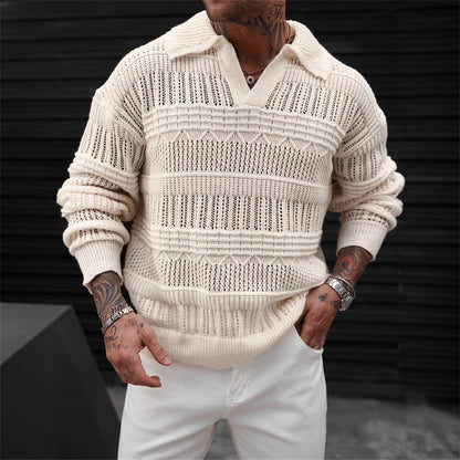 Men's Solid Color V-neck Street-like Lapel Hollow Knitwear