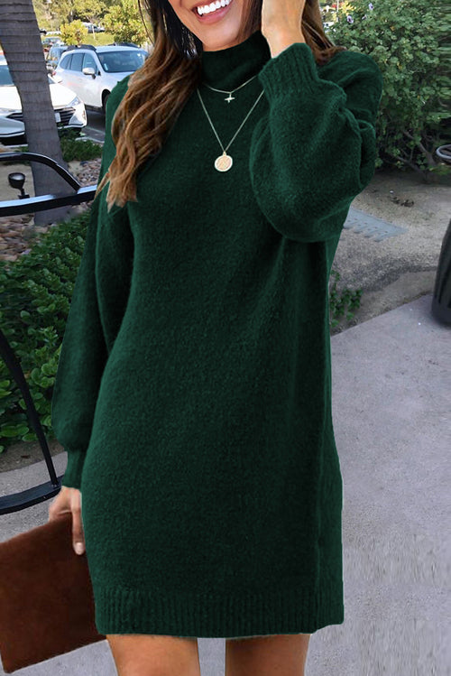 Green Mock Neck Lantern Sleeves Sweater Dress