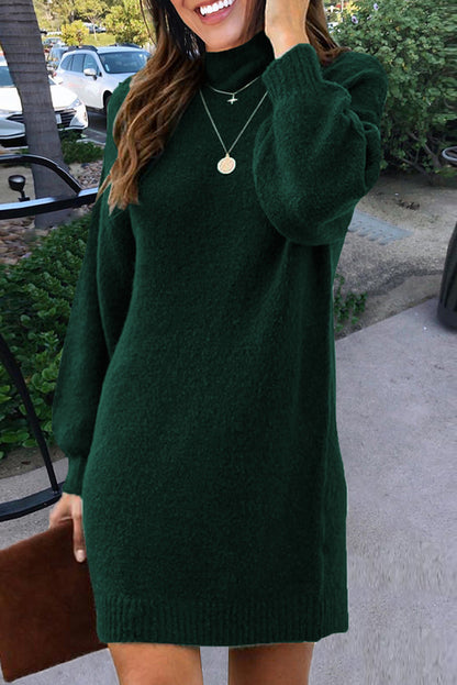 Green Mock Neck Lantern Sleeves Sweater Dress