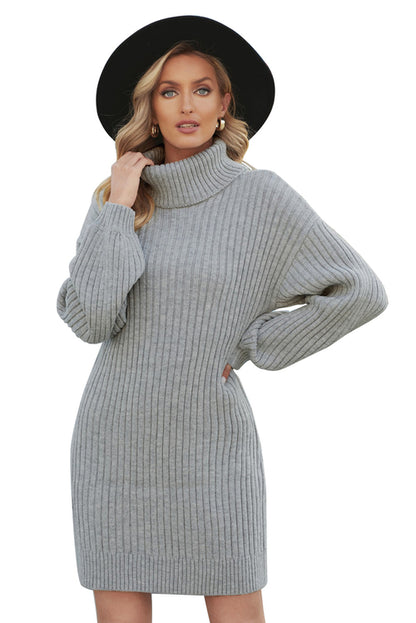 Gray Turtleneck Balloon Sleeve Sweater Dress