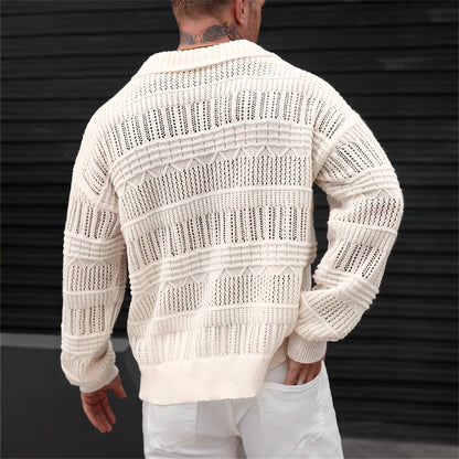 Men's Solid Color V-neck Street-like Lapel Hollow Knitwear