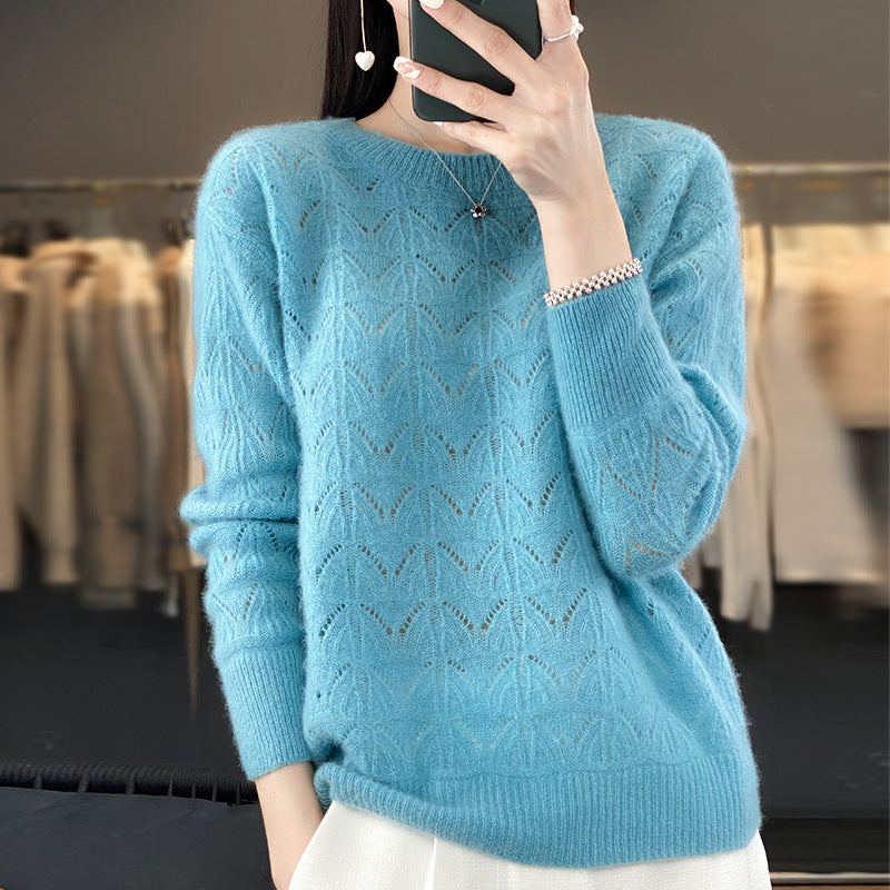 Women's Wool Knitted Round Neck Pullover Hollow-out Solid Color Long Sleeve