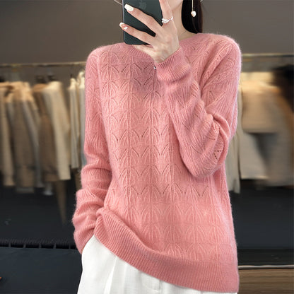 Women's Wool Knitted Round Neck Pullover Hollow-out Solid Color Long Sleeve