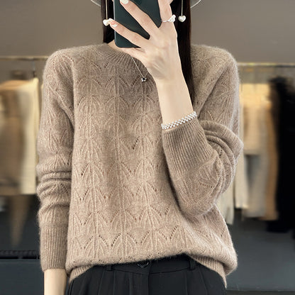 Women's Wool Knitted Round Neck Pullover Hollow-out Solid Color Long Sleeve