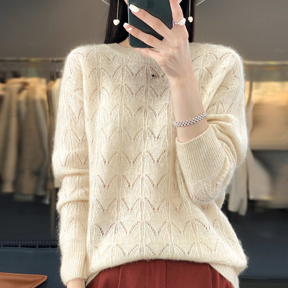 Women's Wool Knitted Round Neck Pullover Hollow-out Solid Color Long Sleeve
