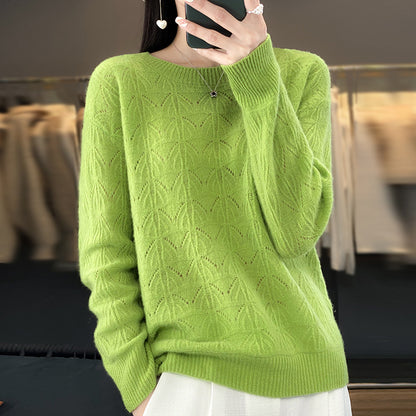 Women's Wool Knitted Round Neck Pullover Hollow-out Solid Color Long Sleeve