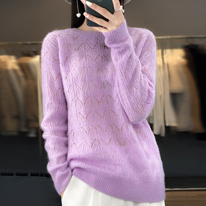 Women's Wool Knitted Round Neck Pullover Hollow-out Solid Color Long Sleeve