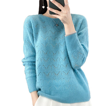 Women's Wool Knitted Round Neck Pullover Hollow-out Solid Color Long Sleeve