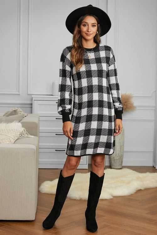 Black Gingham Balloon Sleeve Sweater Dress