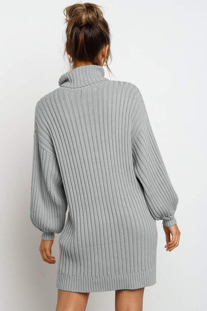 Gray Turtleneck Balloon Sleeve Sweater Dress