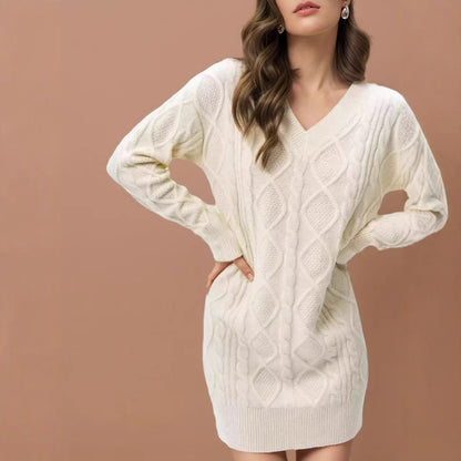 Mid-length Sweater V-neck Knitted Casual Twist Dress