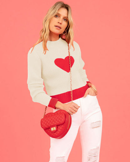 Heart Peach Round Neck Pullover Knitted Sweater