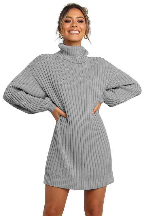 Gray Turtleneck Balloon Sleeve Sweater Dress