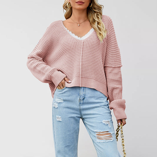 V-neck Solid Color Off-shoulder Loose Hot Sale Knitted Sweater