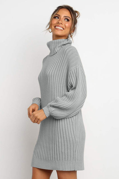 Gray Turtleneck Balloon Sleeve Sweater Dress