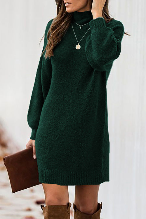 Green Mock Neck Lantern Sleeves Sweater Dress