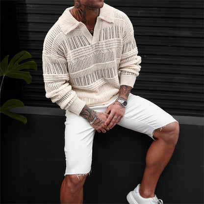 Men's Solid Color V-neck Street-like Lapel Hollow Knitwear