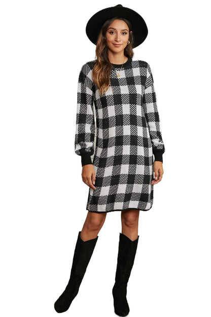 Black Gingham Balloon Sleeve Sweater Dress