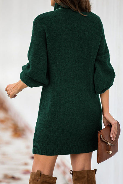 Green Mock Neck Lantern Sleeves Sweater Dress