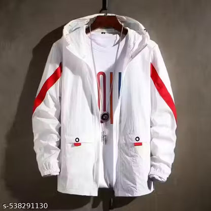 Men’s White & Red Stripe Casual Sports Jacket with Hood