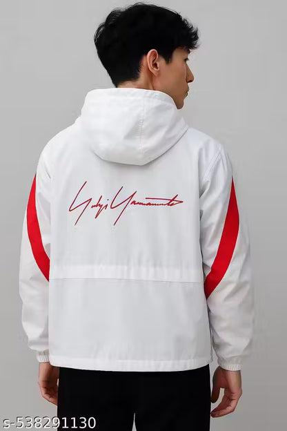Men’s White & Red Stripe Casual Sports Jacket with Hood